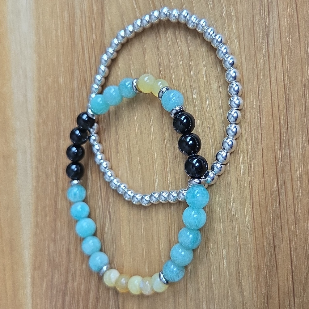 Amazonite, Yellow Opal, Silver Hematite Bead Bracelet Set, Stretch, Hand Crafted - Picture 7 of 11